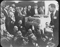 April 14, 1956. Ampex’s Charles Anderson described the scene when the VRX-1000 unveiling ceremony was played back to the audience moments after the event: "There was a deafening silence. Then came a roar. People started to swarm back around the machine." (Courtesy TV Technology)